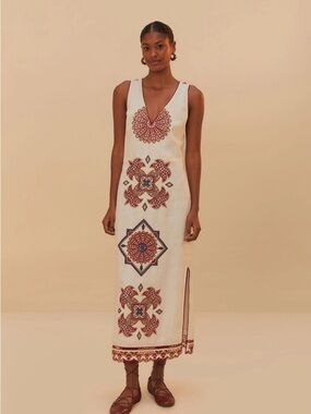 FARM Rio Mary's Tiles Embroidered Detail Linen White Midi Dress Size Small